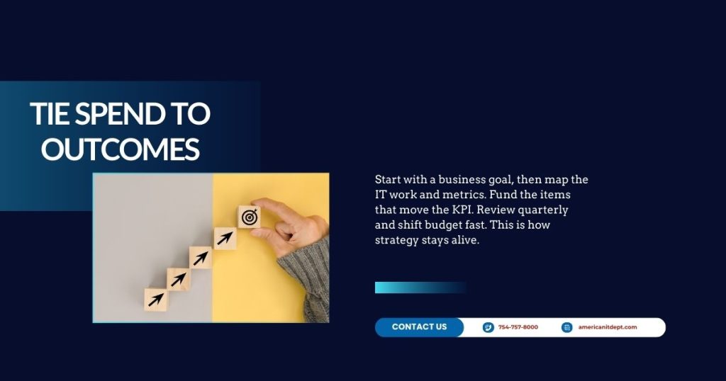 Graphic titled Tie Spend to Outcomes showing steps to a target and mapping business goals to IT KPIs
