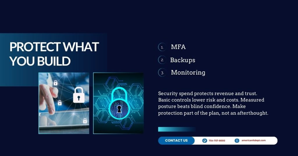 Cybersecurity checklist with three controls: MFA, backups, and monitoring, with lock icons
RE: strategic IT spending