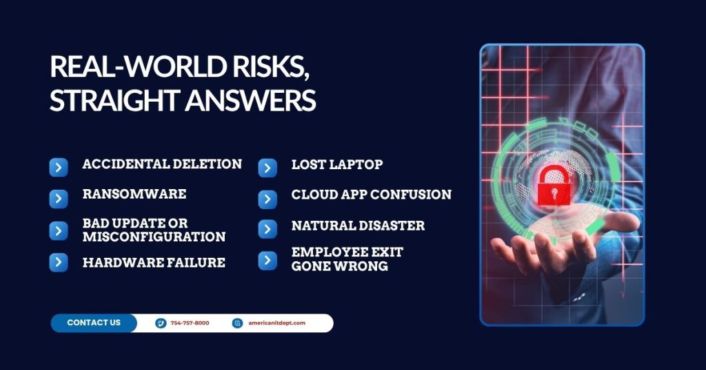 Grid mapping common business risks to backup restore actions for quick recovery.